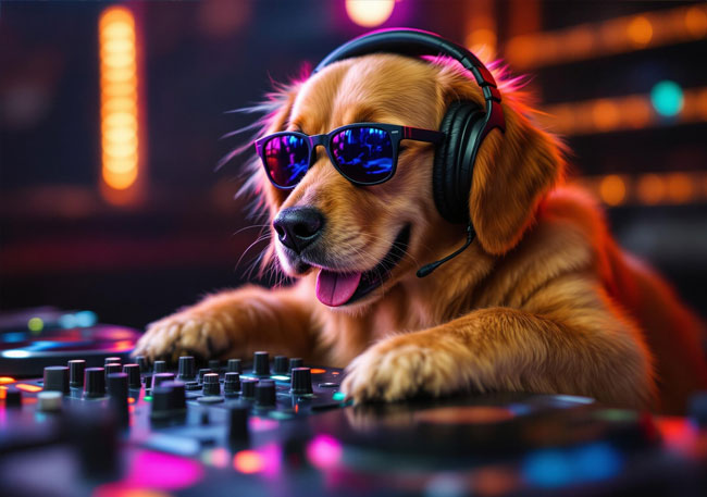 Golden Retriever being a DJ at a club